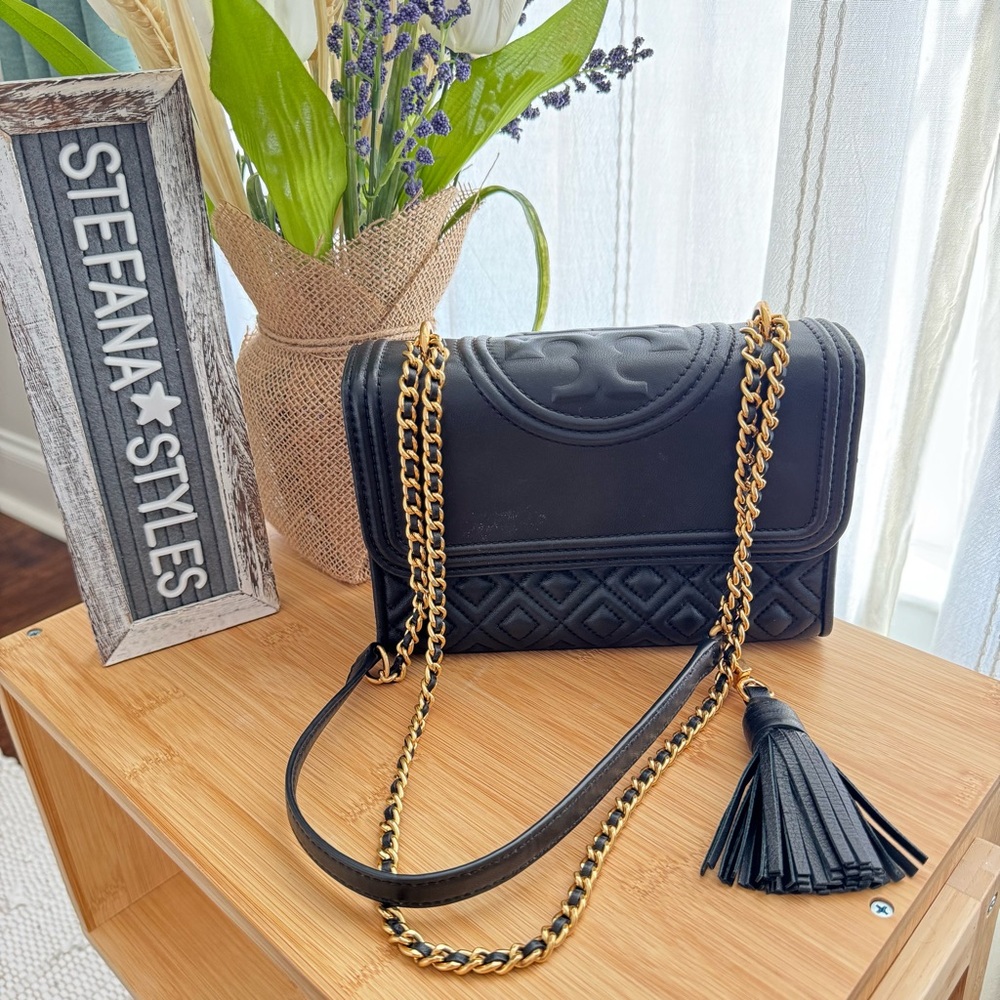 Tory Burch Fleming Black Quilted Lambskin Mini Shoulder Bag / Crossbody